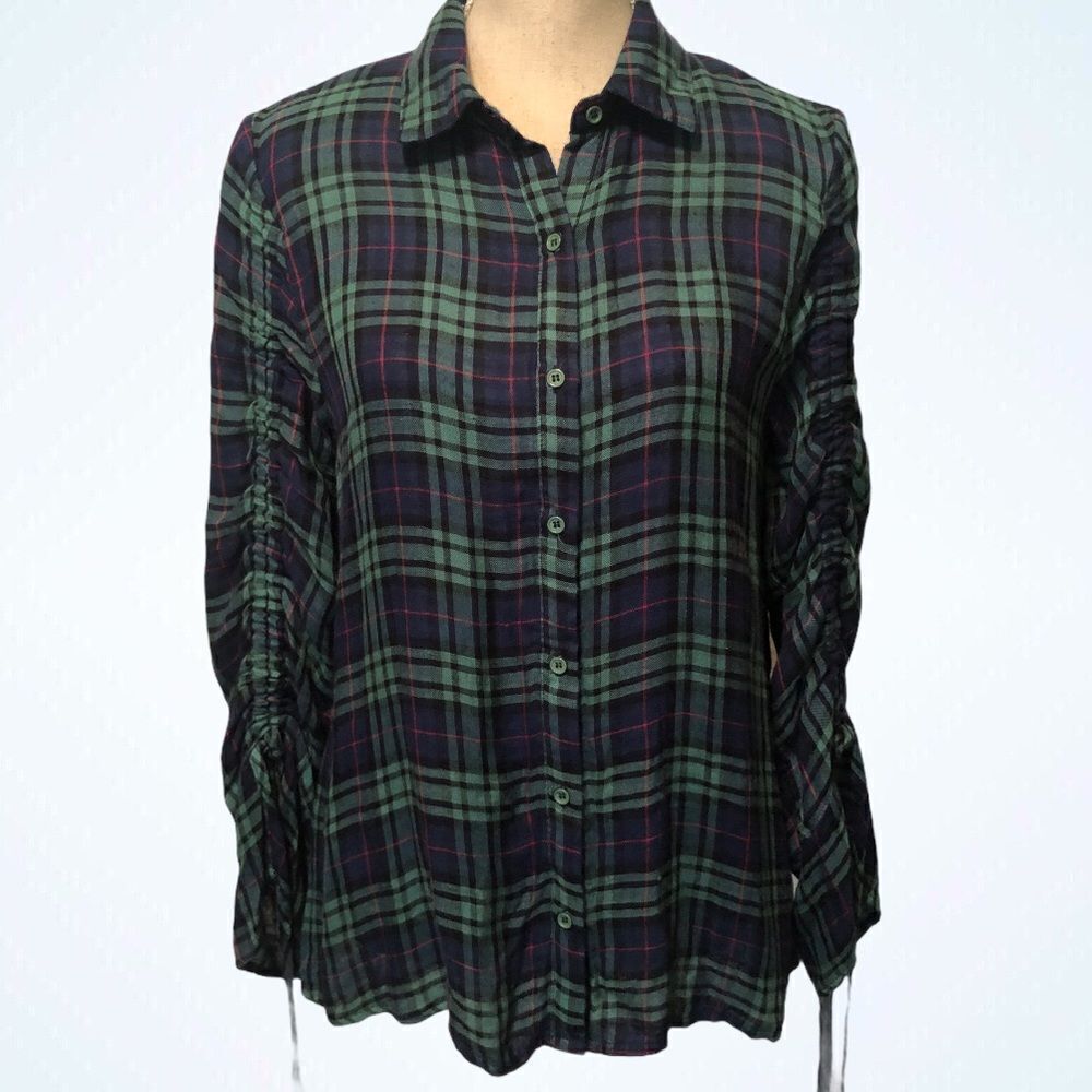 Entro Plaid Button Down Shirt Drawstring Sleeve S… - image 1